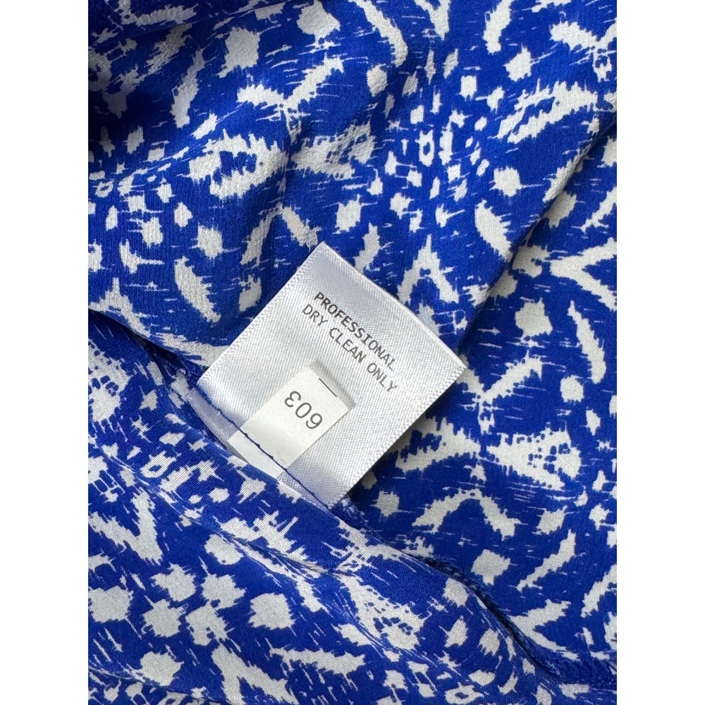 Cynthia Rowley 100% Silk Blouse Size S Blue White Print Ruffle Neck Sleeveless - Picture 6 of 6
